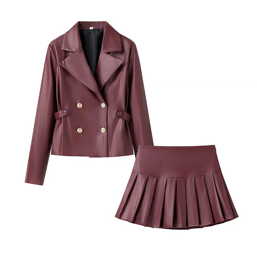 Chic and stylish women's synthetic leather blazer and skirt set