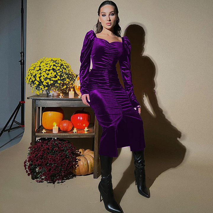 Ladies Elegant Long Sleeve Dress with Ruching and Pretty Square Neckline Lune London