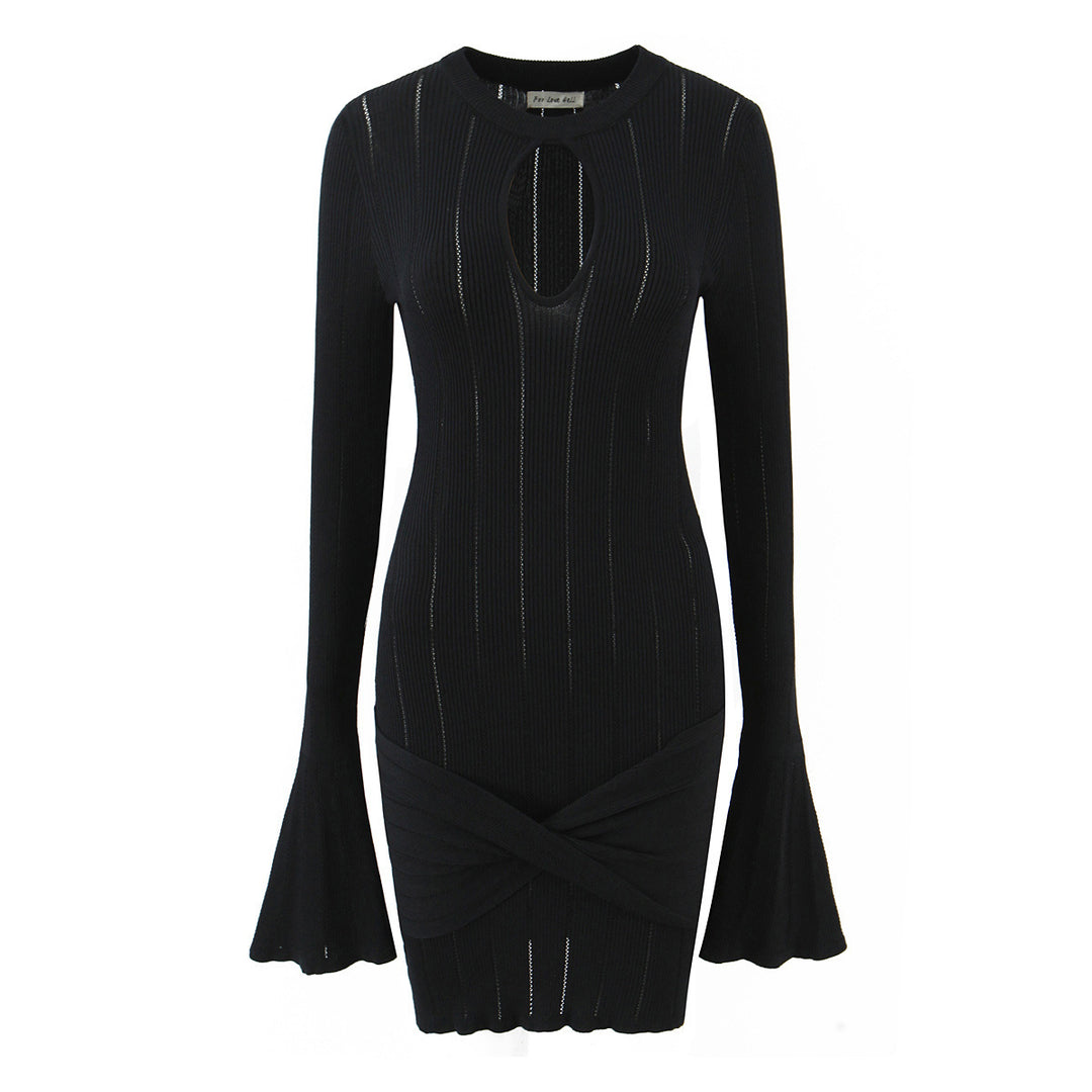 Fitted knitted dress for ladies with an original neckline and a chic ruffle.