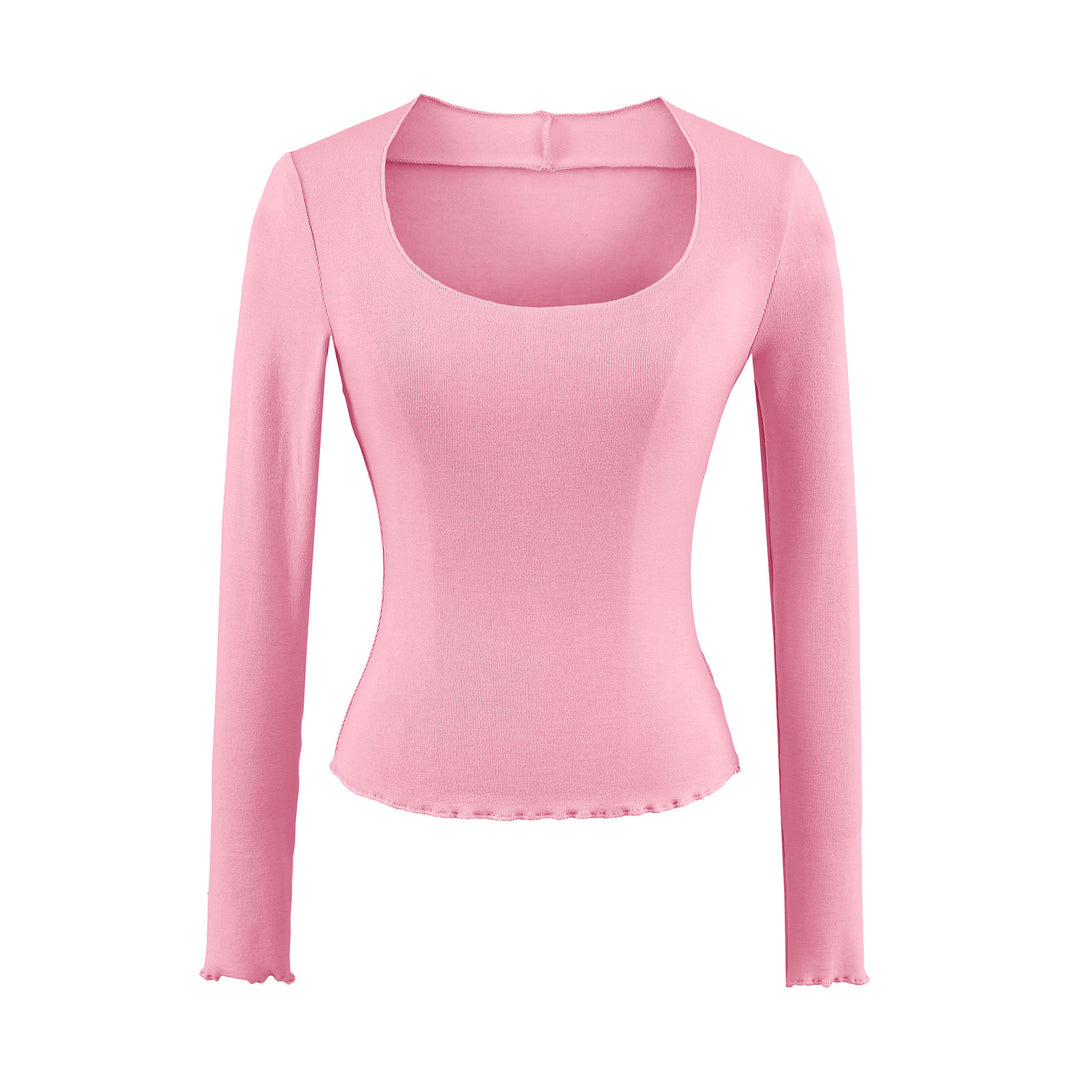 Women Fitted Long Sleeve Fine Knit Top with Square Neckline and Wave Hem Amarae