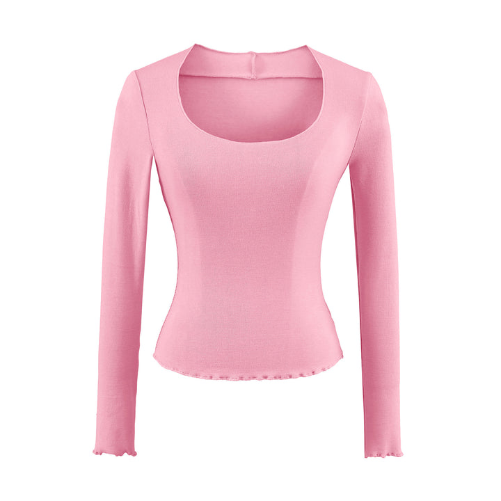 Women Fitted Long Sleeve Fine Knit Top with Square Neckline and Wave Hem Amarae