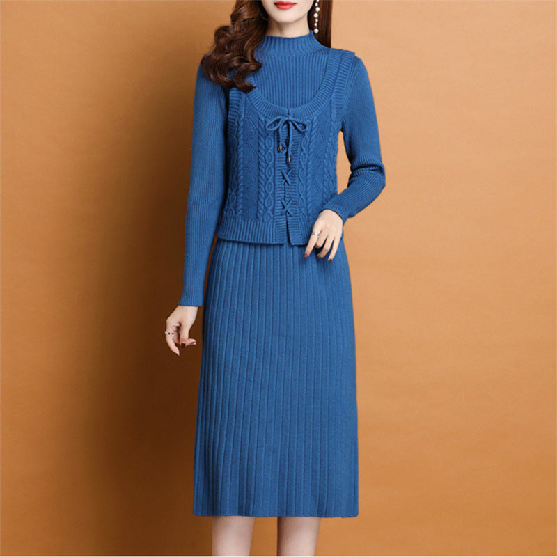 Elegant knitted dress for women with high collar and decorative braid design Lune London