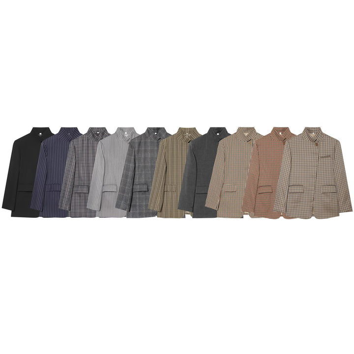 Women Checked Long Blazer with Stand Collar, Concealed Button Placket and Flap Pockets Amarae