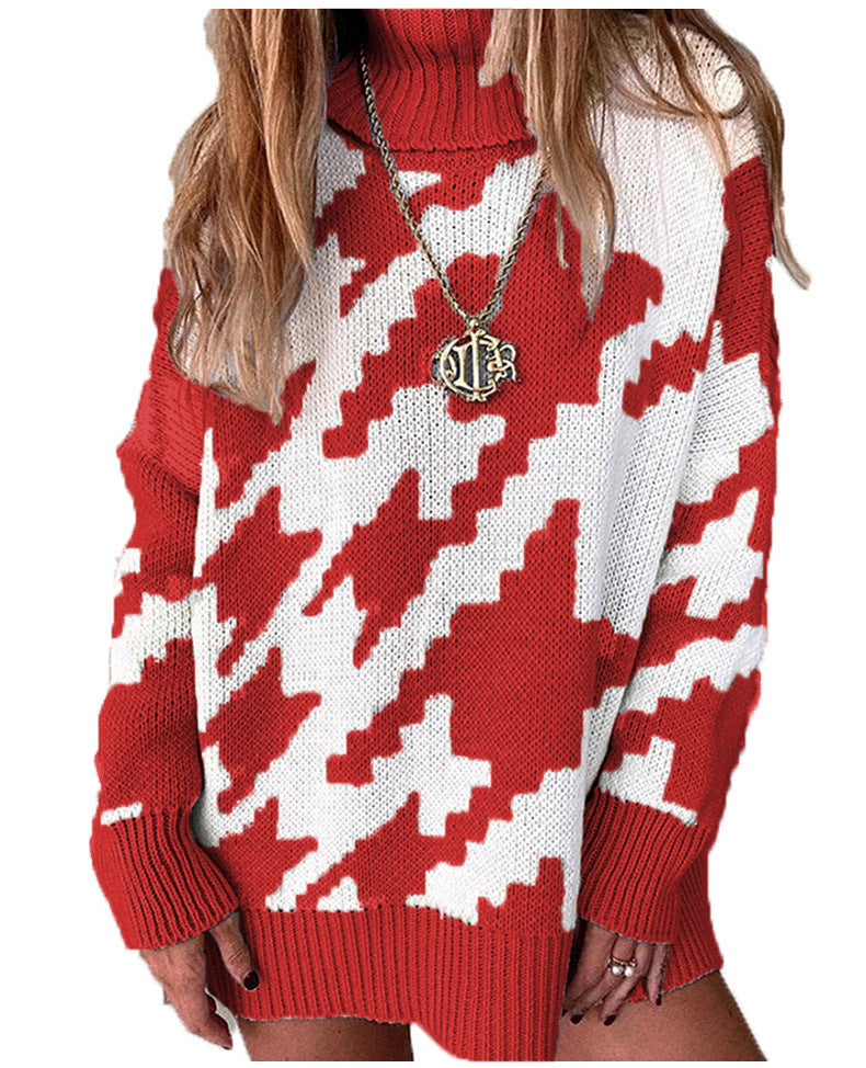 Thick knit sweater for women with a high collar and modern geometric pattern Lune London