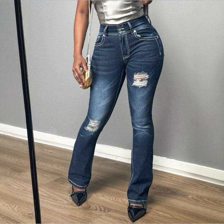 Women's Shaping High-Waist Bootcut Jeans with Triple Button Placket and Subtle Destroyed Look Amarae