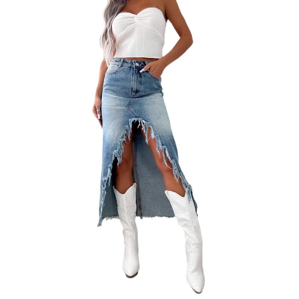 Denim skirt for women in a modern high-low style with fringe details Chic & Stil