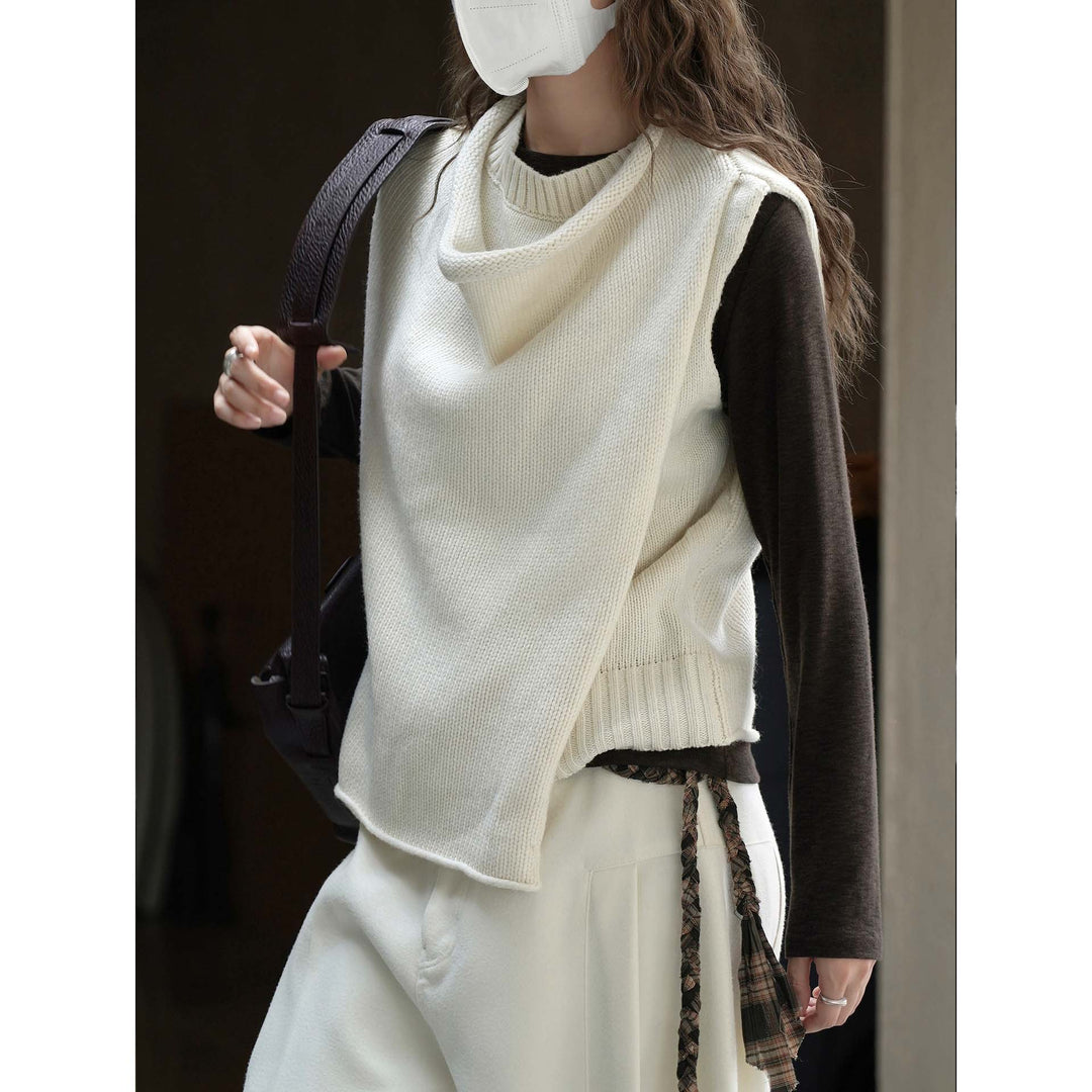 Women's Sleeveless Knitted Vest with Draped Turtleneck and Asymmetric Hem Amarae