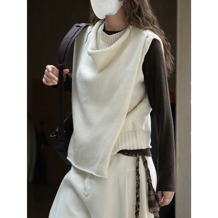 Women's Sleeveless Knitted Vest with Draped Turtleneck and Asymmetric Hem Amarae