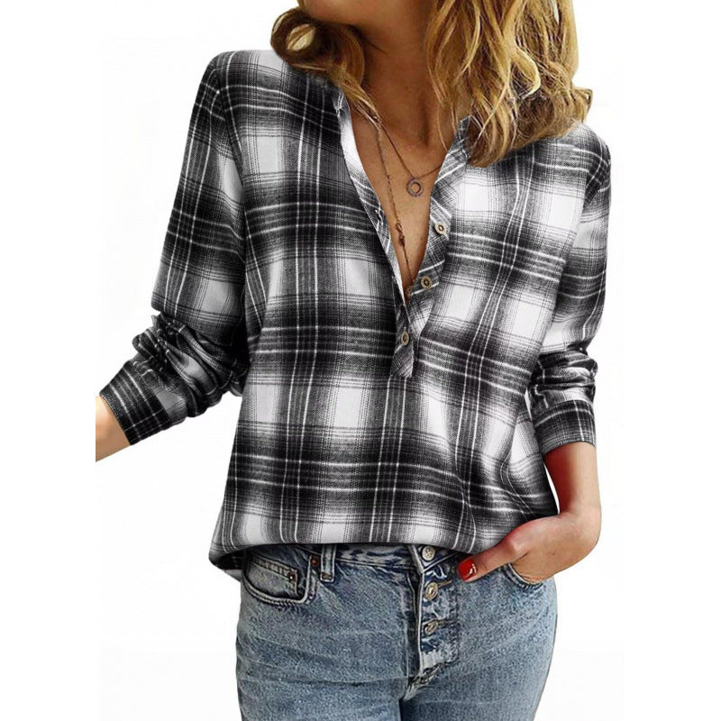 Women’s check blouse in oversized look with V-neck, button placket, and rounded hem Amarae