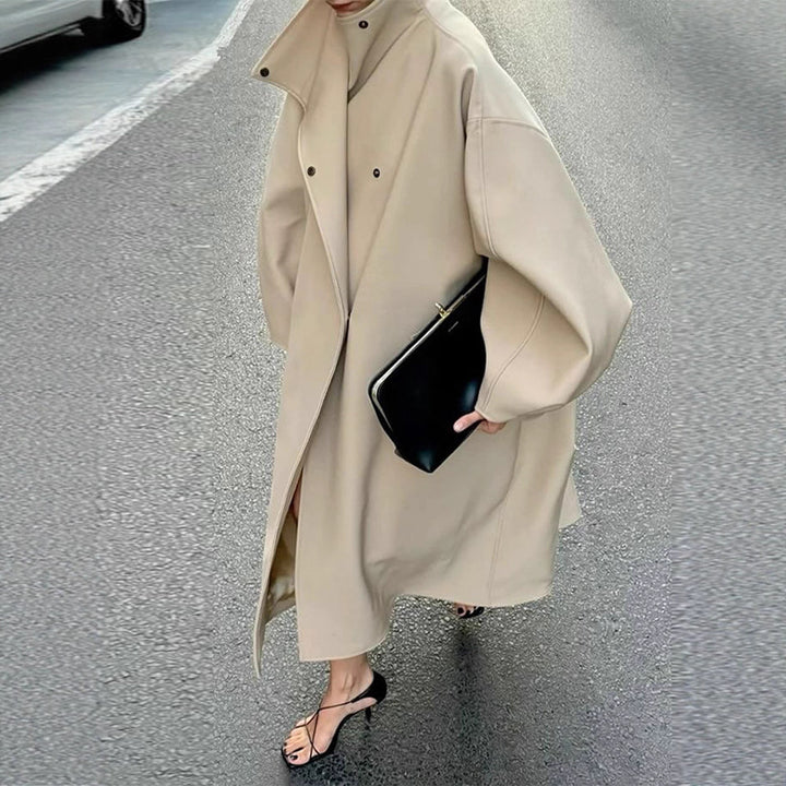 Women's Oversize Cocoon Coat with High Stand-Up Collar and Concealed Button Placket Amarae