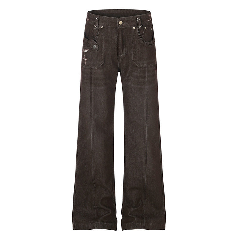 Women's Wide High-Waist Denim Trousers with Straight Leg and Utility Patch Pockets Amarae