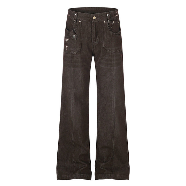 Women's Wide High-Waist Denim Trousers with Straight Leg and Utility Patch Pockets Amarae