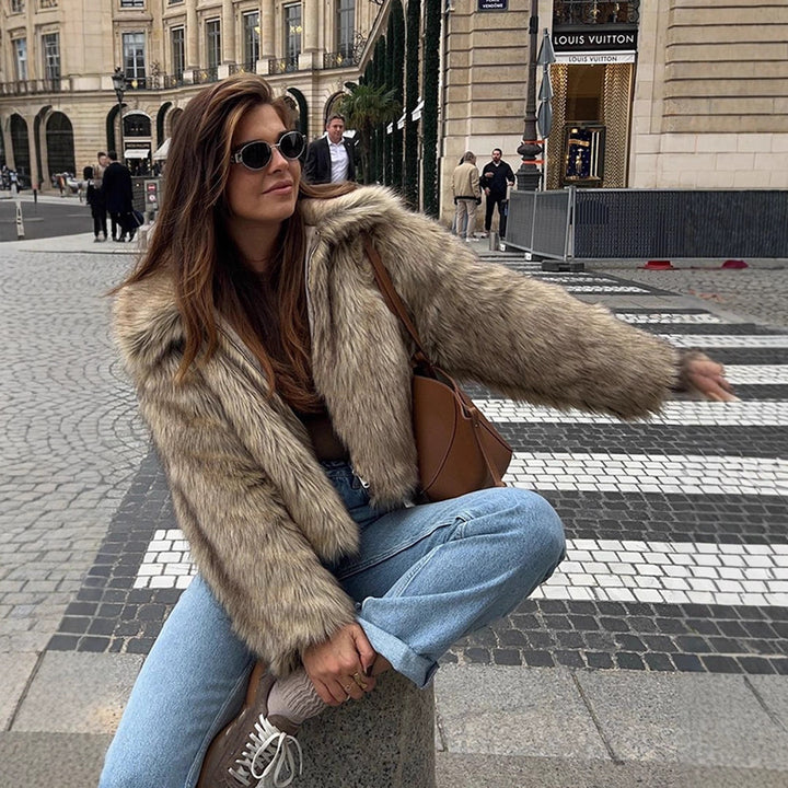 Women's Short Cut Faux-Fur Boxy Coat with Hood and Zip Amarae