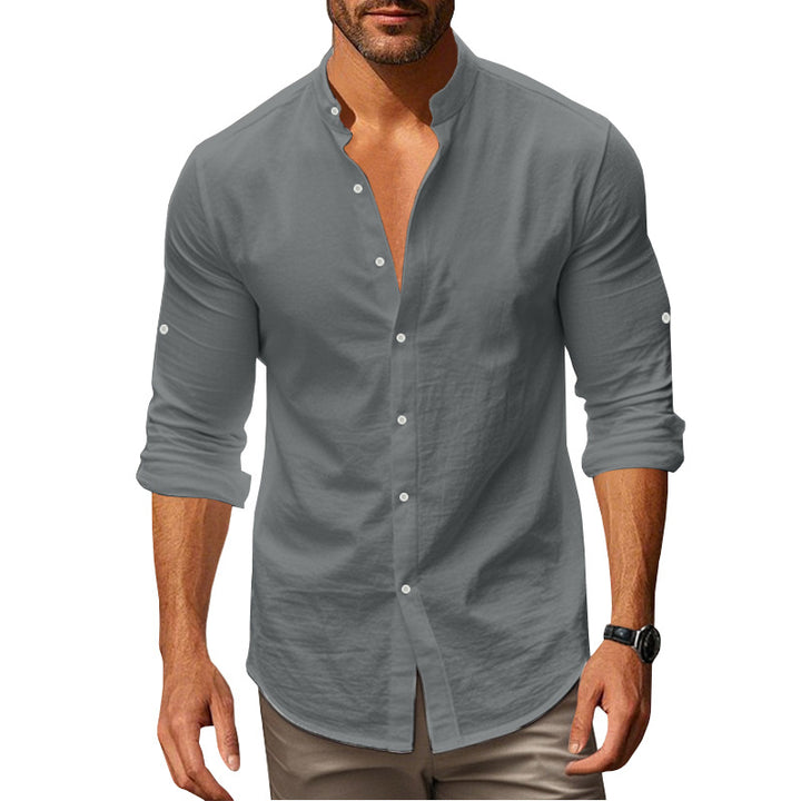 Men's Long Sleeve Shirt with Trendy Stand Collar and Chic Button Details