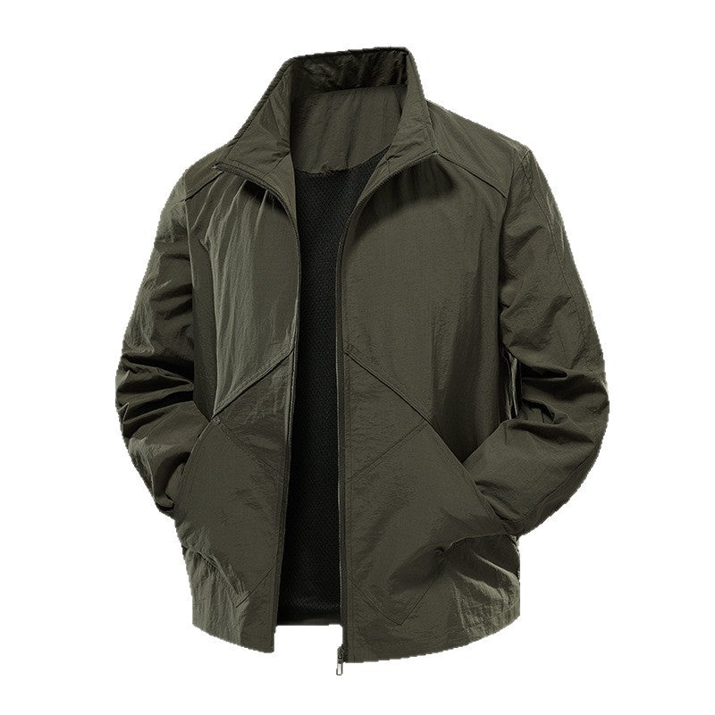 Men's Lightweight Windbreaker Outdoor Jacket with Stand Collar, Two-way Zipper and Concealed Pockets Amarae