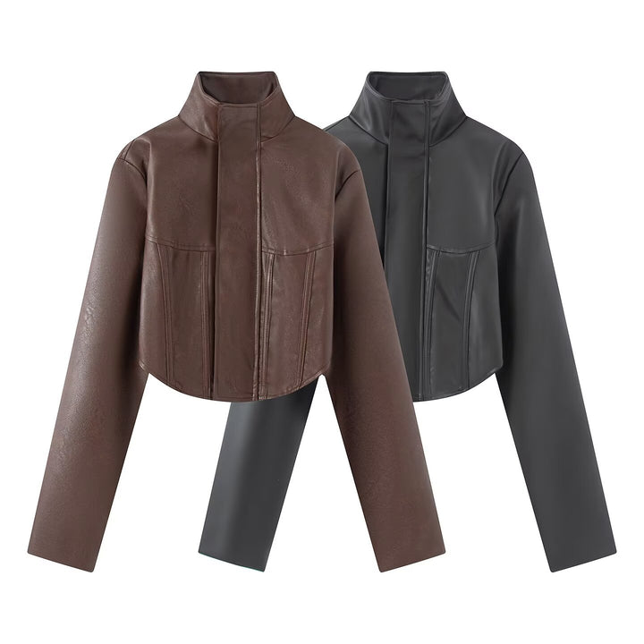 Ladies Cropped Leather-look Jacket with Tailored Corset Division and Standing Collar Amarae