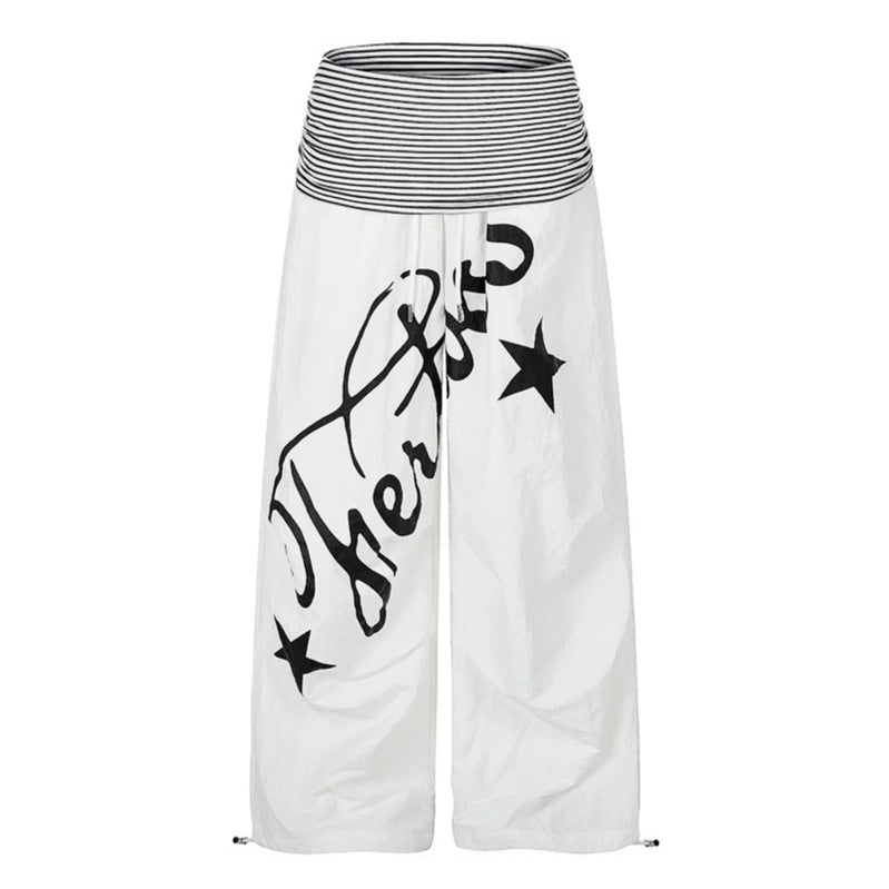 Women's Wide Palazzo Pants with High Striped Comfort Waistband and Statement Print Amarae