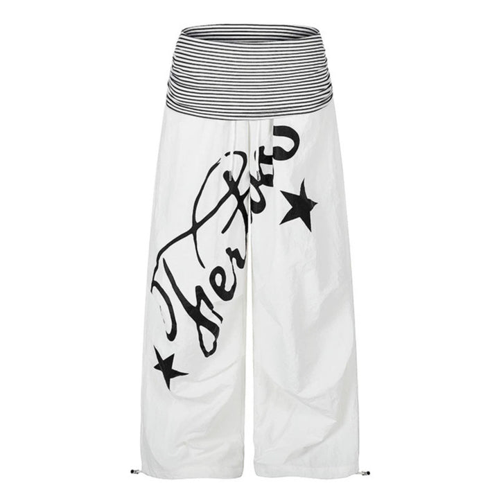 Women's Wide Palazzo Pants with High Striped Comfort Waistband and Statement Print Amarae