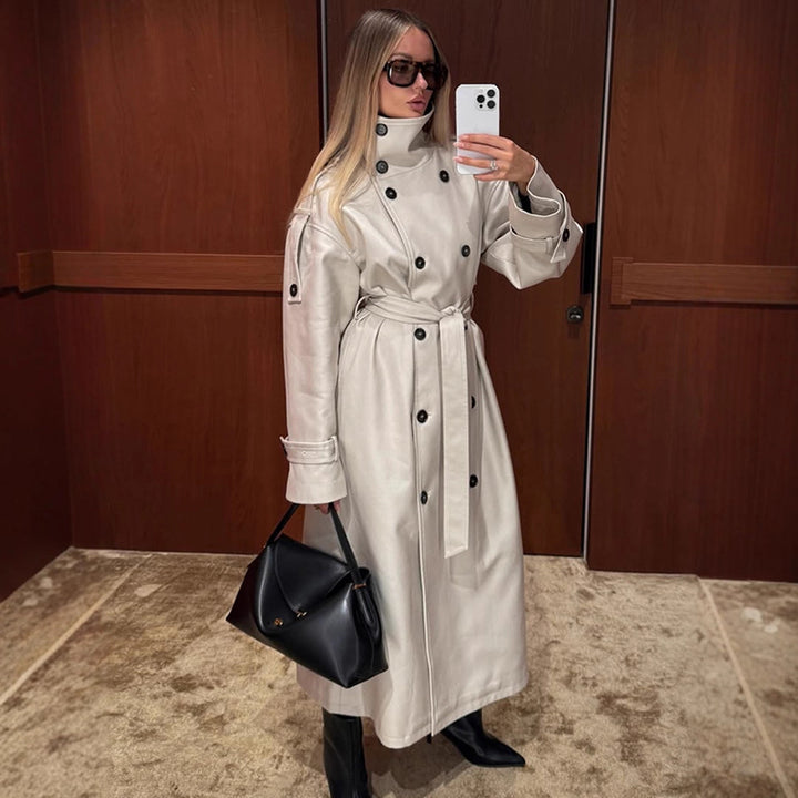 Women’s Long Trench Coat with High Standing Collar, Double-Breasted Button Placket and Wide Cuffs Amarae