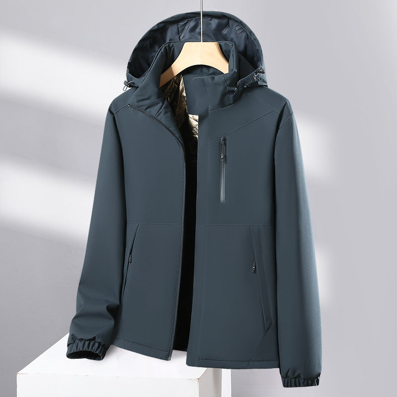 Men's softshell all-weather jacket with waterproof membrane, adjustable hood, and concealed zippers Amarae
