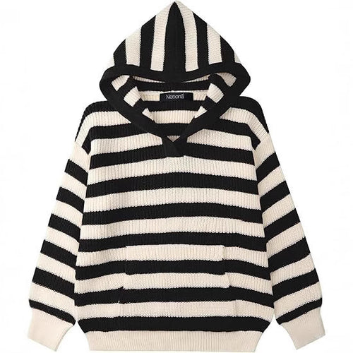 Ladies Comfortable Knitted Sweater with Hood and Striped Pattern Amarae
