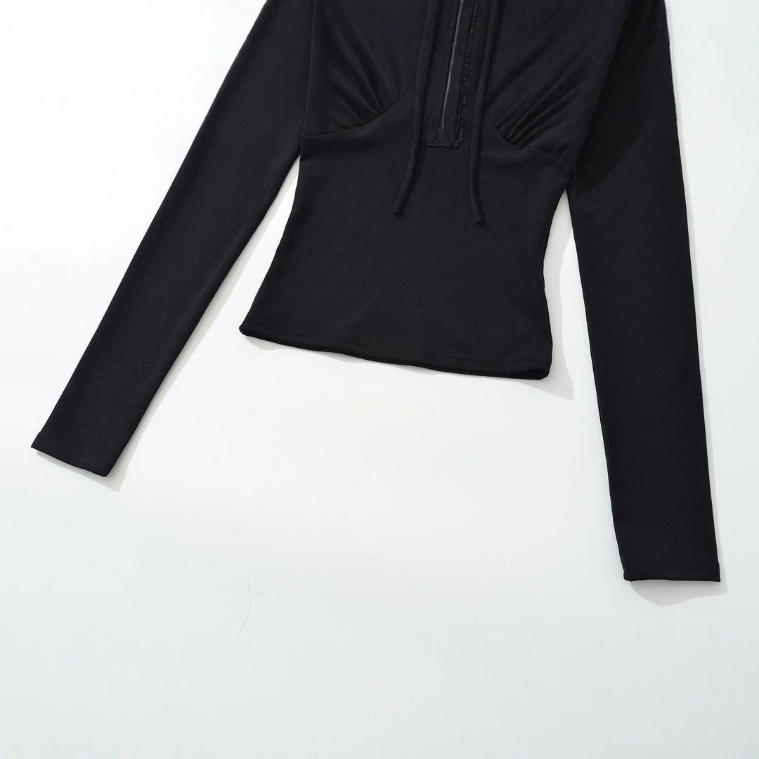 Women's Long Sleeve Shirt with Lace V-Neck and Tie Band Amarae