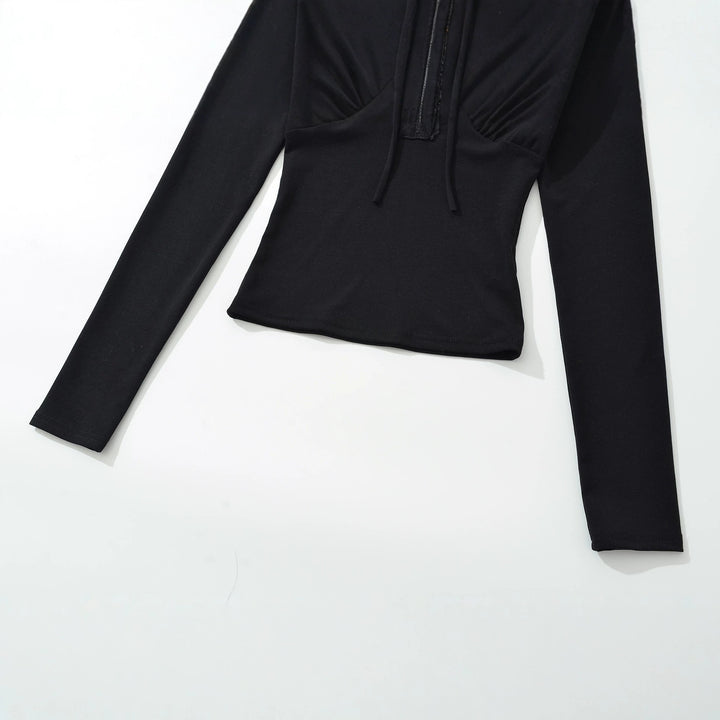 Women's Long Sleeve Shirt with Lace V-Neck and Tie Band Amarae