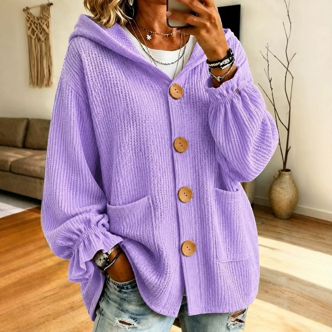 Women's Oversized Hooded Cardigan with Waffle Texture and Wooden Buttons Amarae