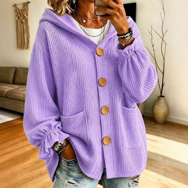 Women's Oversized Hooded Cardigan with Waffle Texture and Wooden Buttons Amarae