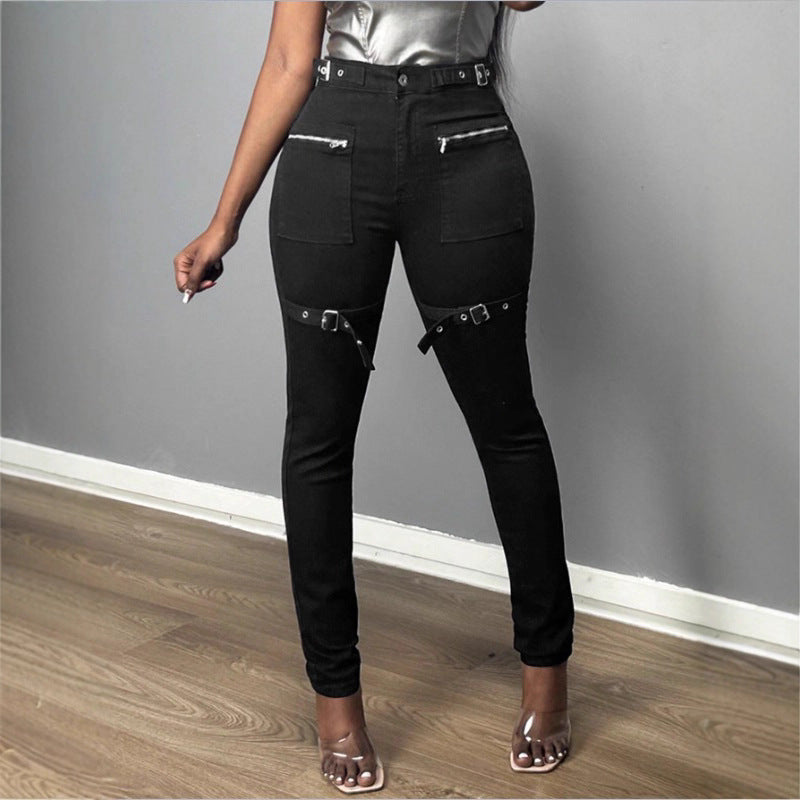 Women High-Waist Skinny Jeans with decorative zippers, patch pockets and belt decor Amarae