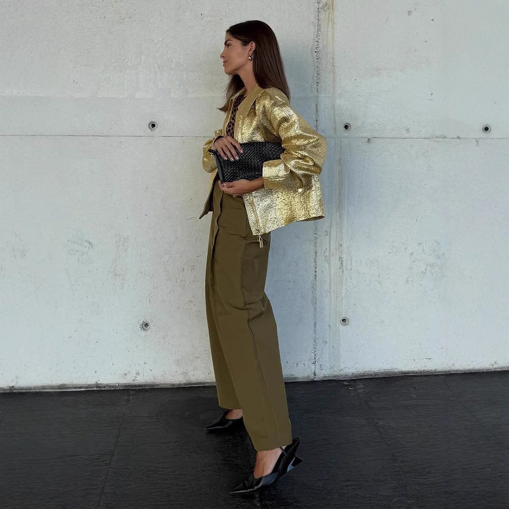 Women Short Textured Metallic Bomber Jacket with Boxy Silhouette Amarae