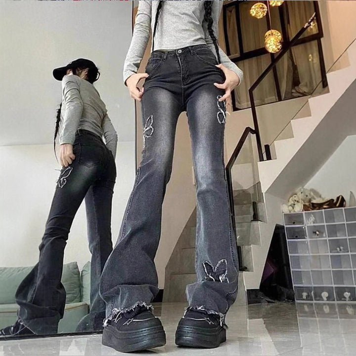 Ladies High-Waisted Flared Jeans with Butterfly Embroidery, Raw Hem and Sculpting Stretch Waistband Amarae