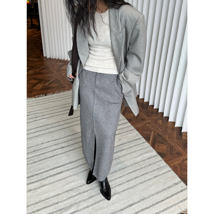 Ladies High-Waisted Knit Midi Skirt with Center Front Slit Amarae