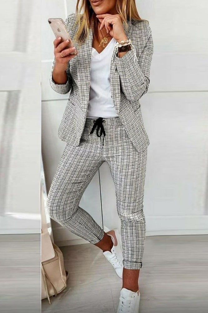 Amarae | Check Blazer Coat & Drawstring Trousers Set