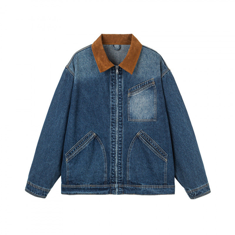 Men's Oversized Denim Jacket with Cord Collar and Diagonal Chest Pocket Detail Amarae