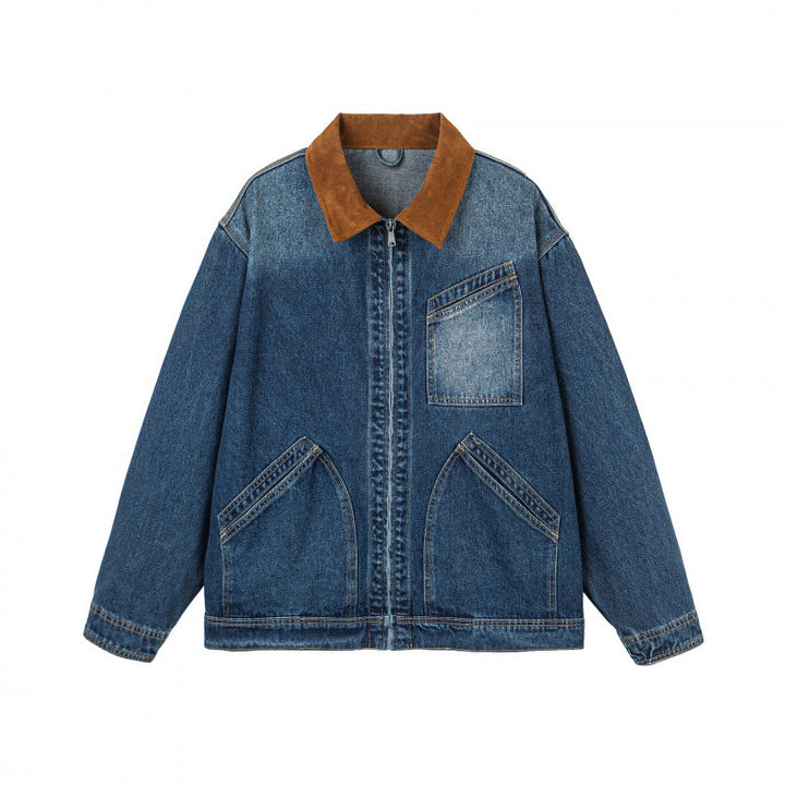 Men's Oversized Denim Jacket with Cord Collar and Diagonal Chest Pocket Detail Amarae