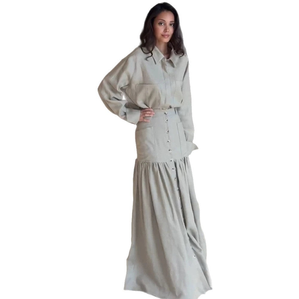 Women Two-Piece Oversized Shirt and Maxi Skirt Set with High Waist & Continuous Button Placket Amarae