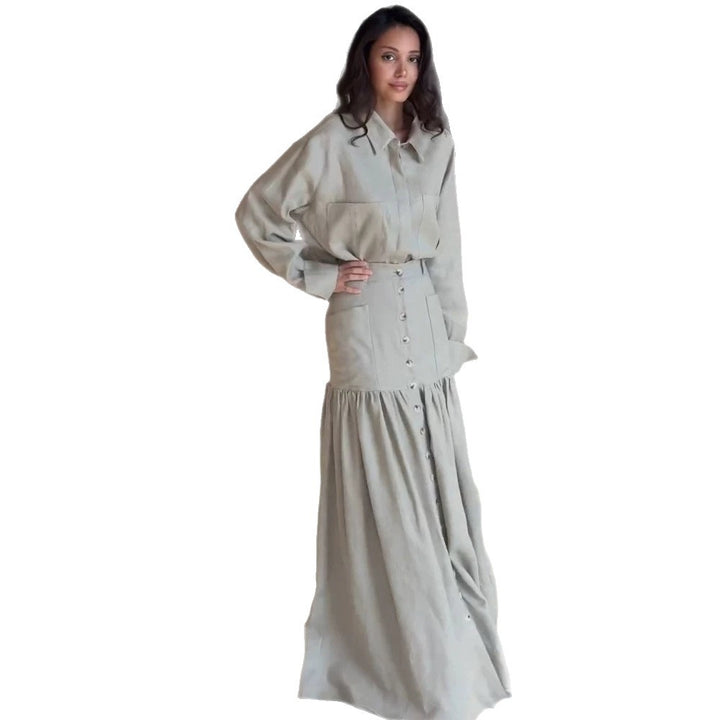 Women Two-Piece Oversized Shirt and Maxi Skirt Set with High Waist & Continuous Button Placket Amarae