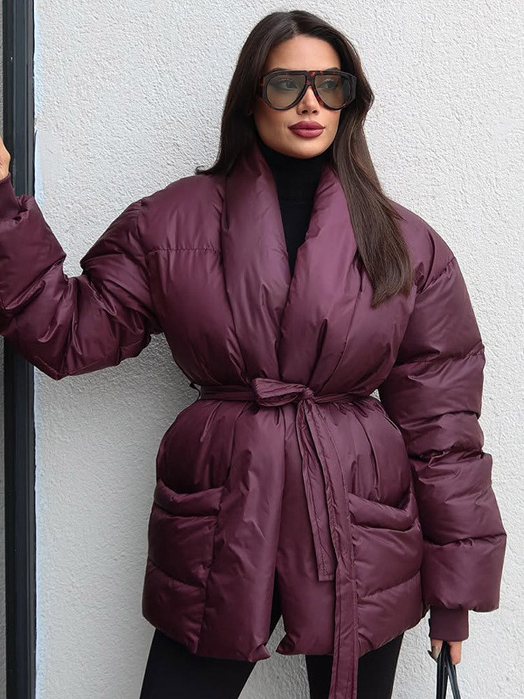 Women's Quilted Tailored Quilted Jacket with Shawl Collar and Tie Belt Amarae