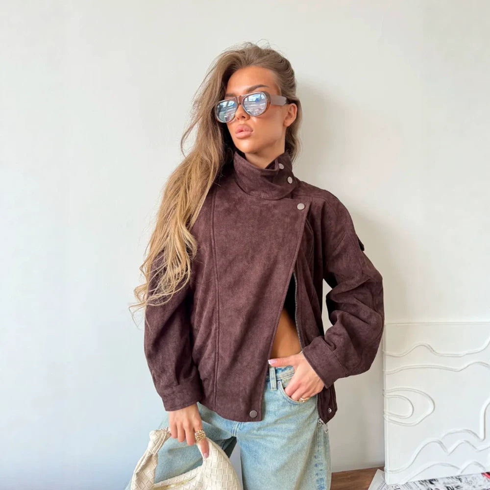 Women Oversize Suede-Look Biker Jacket with High Standing Collar Amarae