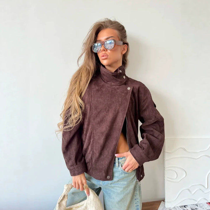 Women Oversize Suede-Look Biker Jacket with High Standing Collar Amarae