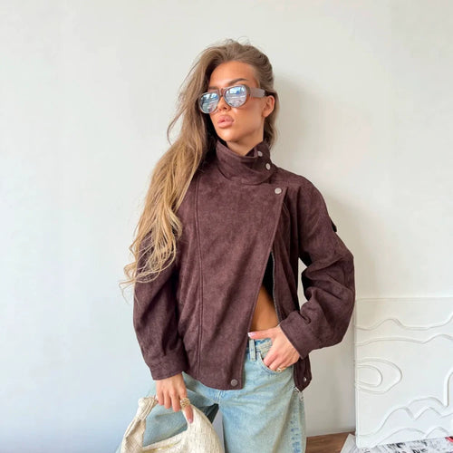 Women Oversize Suede-Look Biker Jacket with High Standing Collar Amarae