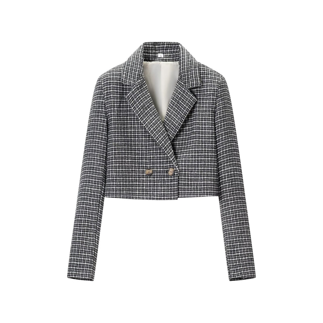 Women Cropped Wool Blend Blazer with Houndstooth Pattern and Double-Breasted Button Placket Amarae