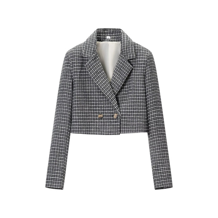 Women Cropped Wool Blend Blazer with Houndstooth Pattern and Double-Breasted Button Placket Amarae