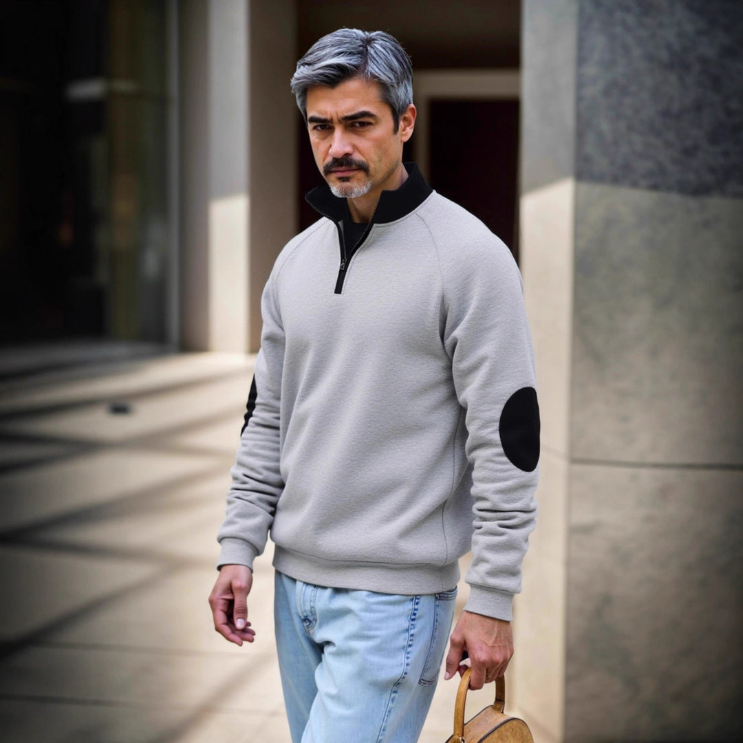 Sweat-mode sweater for men with functional zipper and contrasting elbow patches Lune London