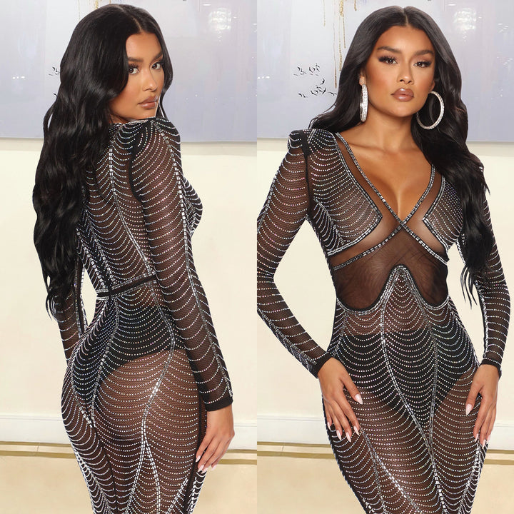Evening dress for women in mesh with rhinestone embellishments Lune London