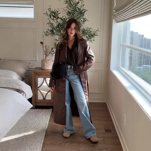 Women Long Trench Coat Made of Faux Leather with Oversized Shoulders and Tailored Silhouette Amarae