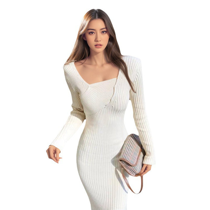 Lune London long sleeve knitted dress for women with asymmetric neckline
