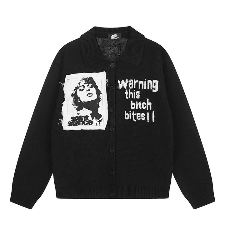Women's knitted cardigan with shirt collar, button placket, and statement patch Amarae