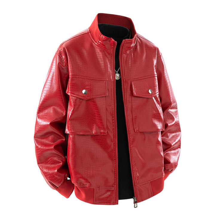 Men's faux leather bomber jacket with textured design and practical pockets Lune London